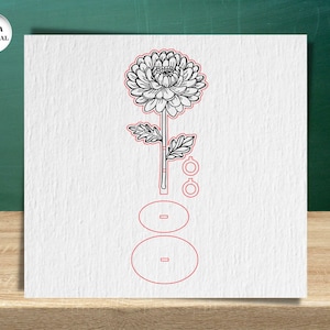 Pu&ograve; includere: Un disegno in bianco e nero di un fiore di crisantemo con stelo e foglie. L'immagine &egrave; su uno sfondo bianco con due cerchi e due ovali.