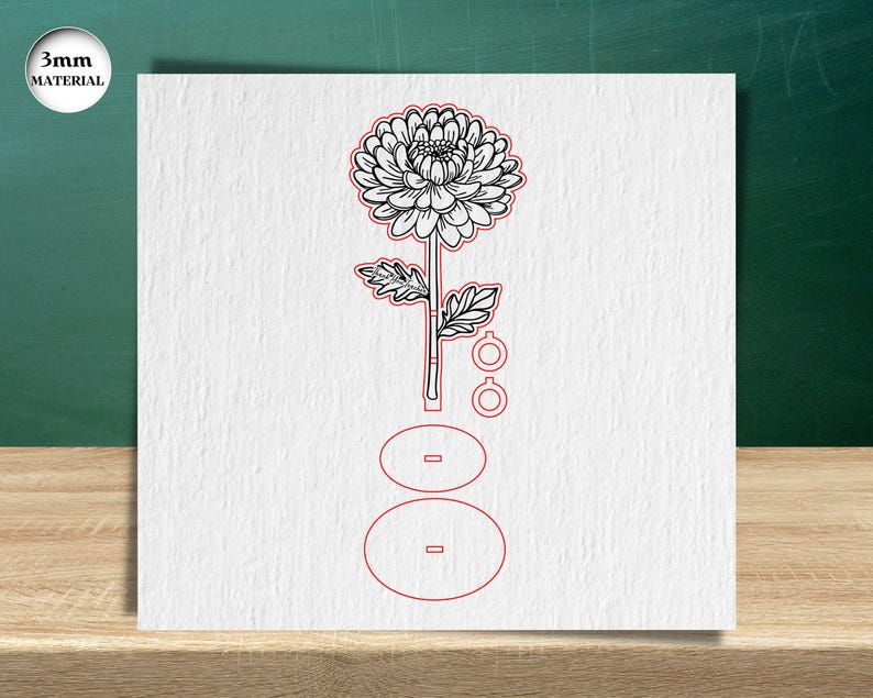 Pu&ograve; includere: Un disegno in bianco e nero di un fiore di crisantemo con stelo e foglie. L'immagine &egrave; su uno sfondo bianco con due cerchi e due ovali.