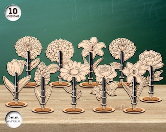 Set di portapenne con fiori tagliati al laser, portapenne in legno, regali di ringraziamento per gli insegnanti, fiori tagliati al laser, file CNC, Xtool, Glowforge