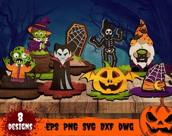 Può includere: Otto file di taglio SVG a tema Halloween con uno zombie, un vampiro, una strega, uno scheletro, una zucca, un gnomo e due cappelli da strega. I design sono in stile cartone animato e sono perfetti per l'artigianato e la decorazione.