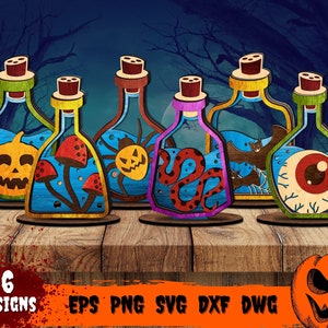 Halloween Laser Cut, Set of 6 SVG Bundle for Glowforge, Potion bottle, 4mm, 6mm, Cricut, Vector, Instant Download, svg, png, eps, dxf, dwg
