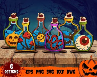 May include: Six colorful Halloween potion bottles with different spooky designs, including a pumpkin, mushrooms, a spider, a snake, a bat, and an eyeball. The bottles are made of wood and have a rustic, vintage look. The text "6 DESIGNS" and "EPS PNG SVG DXF DWG" is at the bottom of the image.