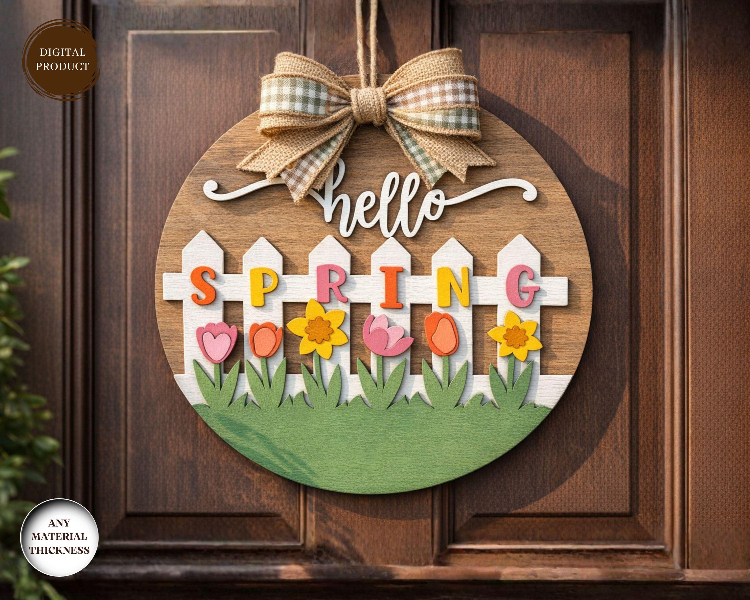 Hello Spring Door Sign Laser Cut, Round Door Hanger Svg, Porch Front ...