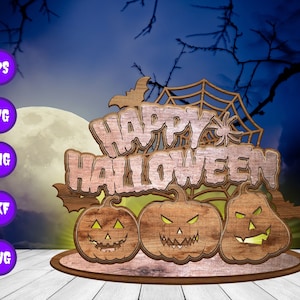May include: A wooden Halloween sign featuring the words "Happy Halloween" and three carved pumpkins with spooky faces. The sign is illuminated from behind, creating a warm glow.