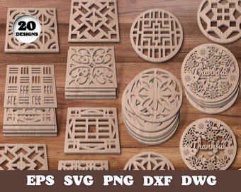 20 Coasters Set Laser Cut Templates, SVG bundle, Glowforge Files, CNC