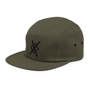 May include: A green 5-panel cap with a black embroidered logo. The logo is a stylized X with a square in the center.