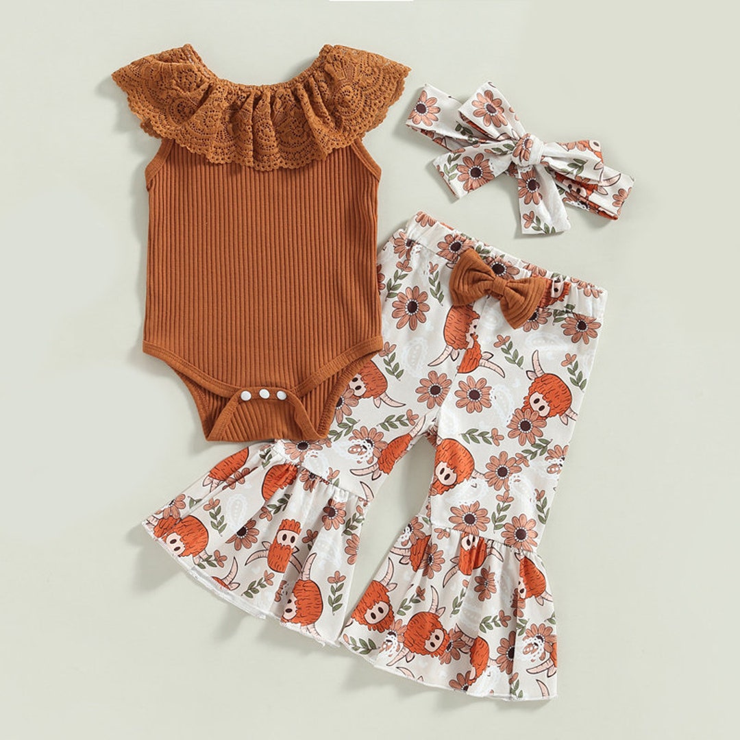 Baby Girl Summer Lace Cow Print Bell Bottoms Clothing Set Etsy
