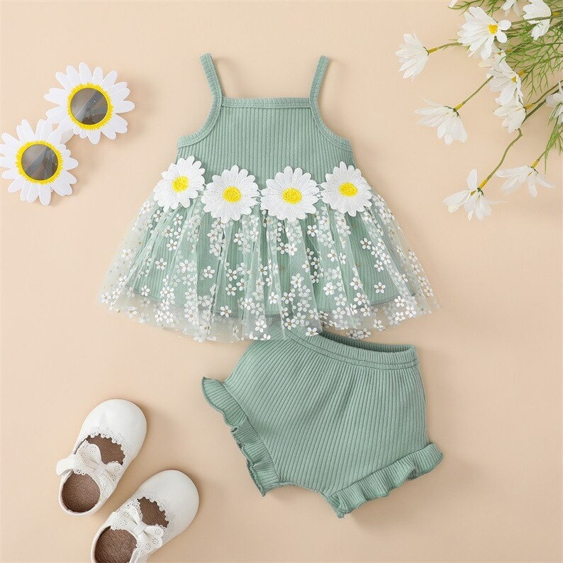 Baby Girl Tulle Fabric Daisy Print Lacy Dress Shorts Set - Etsy