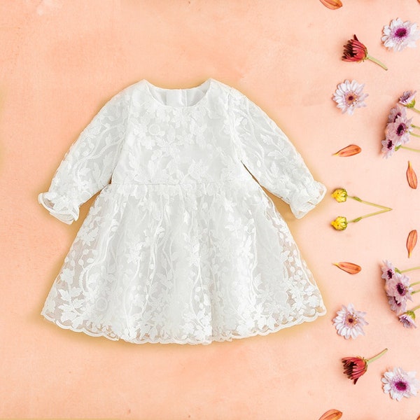 HOT ! Baby Girl Long Sleeve White Dress Long Sleeve Baby Girl White  Sundress Long Sleeve Baptism Clothes