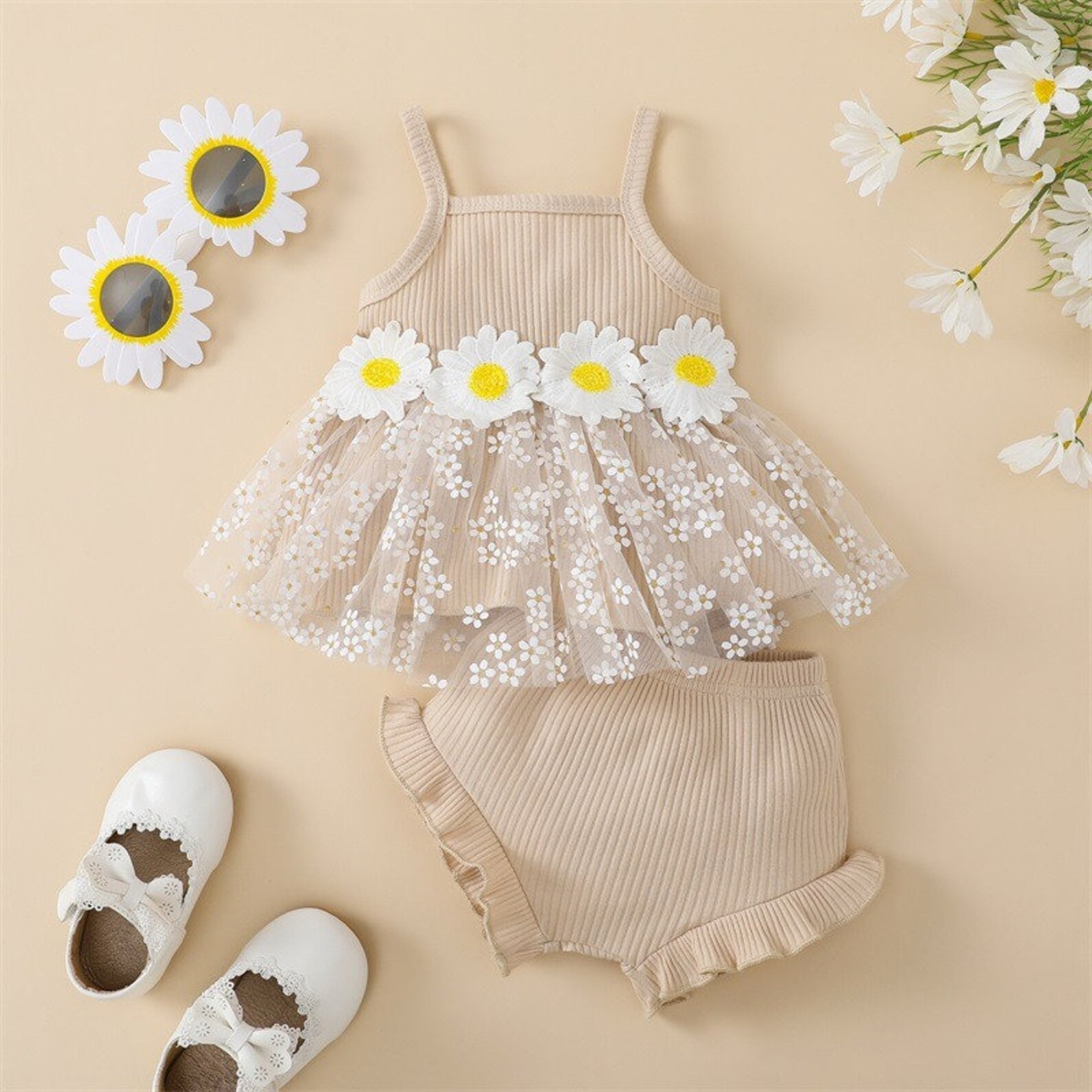 Baby Girl Tulle Fabric Daisy Print Lacy Dress Shorts Set - Etsy