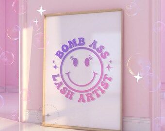 Bombass Lash Artist Pink Ombre Wall Art Printable|Lash Tech Digital Art|Salon Decor|Lash Room Decor|Esthetician Decor|Y2k Lash Art