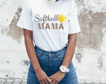 Softball Mama Cheetah Print Casual Athletic Sporty Short Sleeve Women's Loose Fit Relaxed Crew Neck T-Shirt