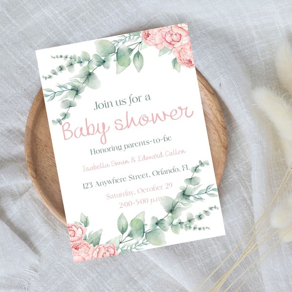 Baby Girl Greenery Peony Baby Shower Invitation | Digital Download | Editable Boho Minimalist Invite | Baby Girl Baby Shower Invite