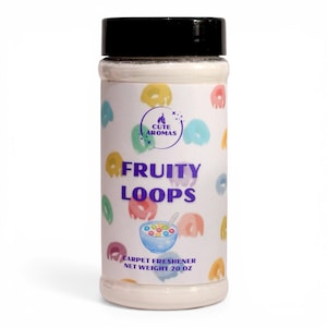 May include: A white plastic container with a black lid, labeled "FRUITY LOOPS" in purple and blue text. The label features colorful donut-shaped designs and the text "CARPET FRESHENER NET WEIGHT 20 OZ". The product is from "CUTE AROMAS".