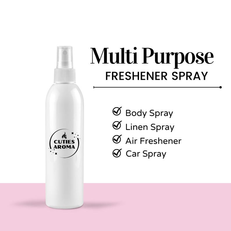 May include: White spray bottle with a black label that says "Cutie's Aroma". The bottle is labeled "Multi Purpose Freshener Spray" and lists uses for the spray including body spray, linen spray, air freshener, and car spray.