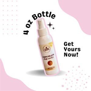 May include: A 4 oz bottle of chocolate chip cookie scented room spray. The bottle is white with a black label that says "Cutie's Aroma" and "Chocolate chip cookie".