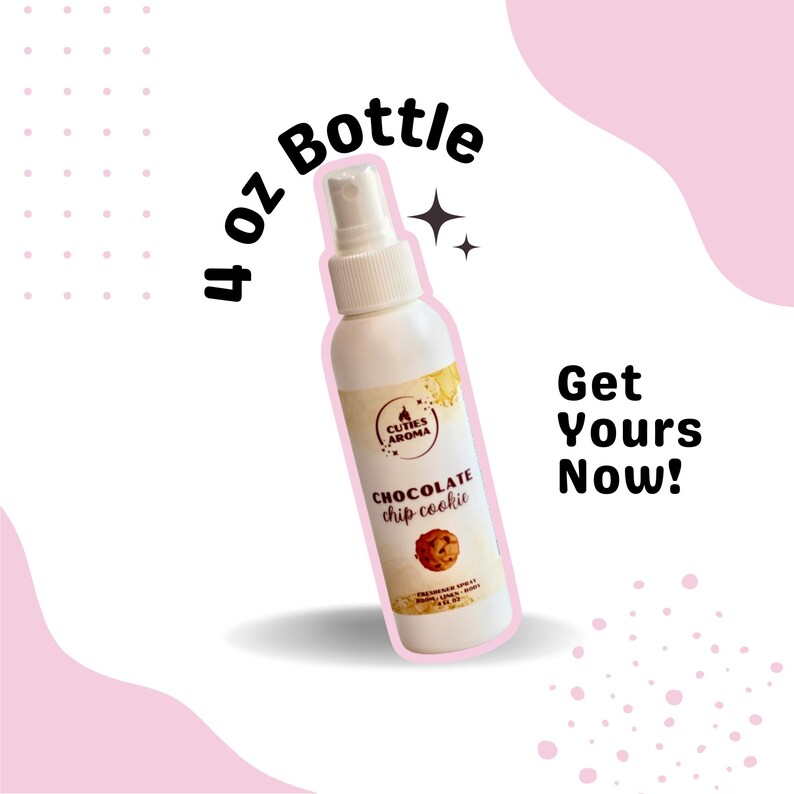 May include: A 4 oz bottle of chocolate chip cookie scented room spray. The bottle is white with a black label that says "Cutie's Aroma" and "Chocolate chip cookie".