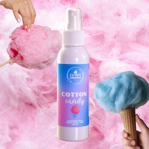 May include: A white spray bottle with a blue and pink label that reads "Cotton Candy" and "Cuties Aroma". The image features pink and blue cotton candy, and a hand holding a blue cotton candy cone.