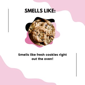 May include: A close-up of a pile of chocolate chip cookies. The cookies are golden brown and have a crispy texture. The text "SMELLS LIKE:" is above the cookies. The text "Smells like fresh cookies right out the oven!" is below the cookies.
