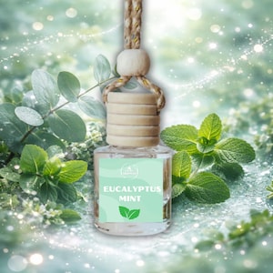 May include: A clear glass car air freshener with a wooden cap and a rope for hanging. The label reads "Eucalyptus Mint" with a green leaf graphic. Fresh mint and eucalyptus leaves surround the bottle, with a blurred, sparkling background.
