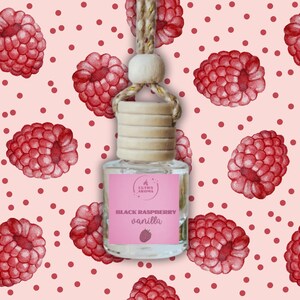 May include: A clear glass air freshener bottle with a wooden cap and a pink label. The label reads "Black Raspberry Vanilla" with a raspberry illustration. The bottle hangs from a beige rope. The background is a pink pattern with red raspberries and red dots.