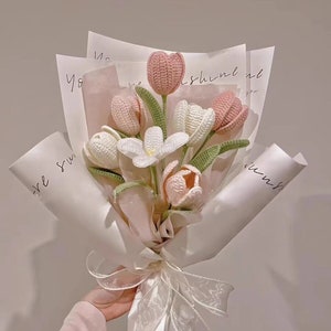 White pink Yarn Flower Bouquet tulip knitted Flowers crochet