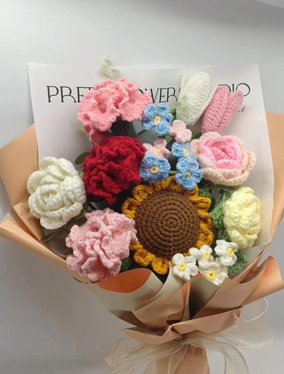 Handmade Flowers Bouquet, Crochet Flower Bouquet,sunflower,rose,tulips,  Bouquet for Friend, Valentines Day and Mother Day, Knitted Flowers 