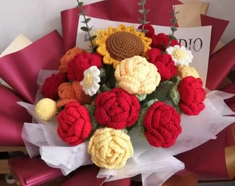 Handmade woolen knitting roses,Crochet Sunflower Bouquet,Floral Home Decor,Housewarming Decor,Mother's Day Valentine's Day gifts for her