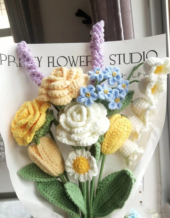 Crochet Rose Flower Bouquet Mixed with Tulip, Yellow&Champagne Color