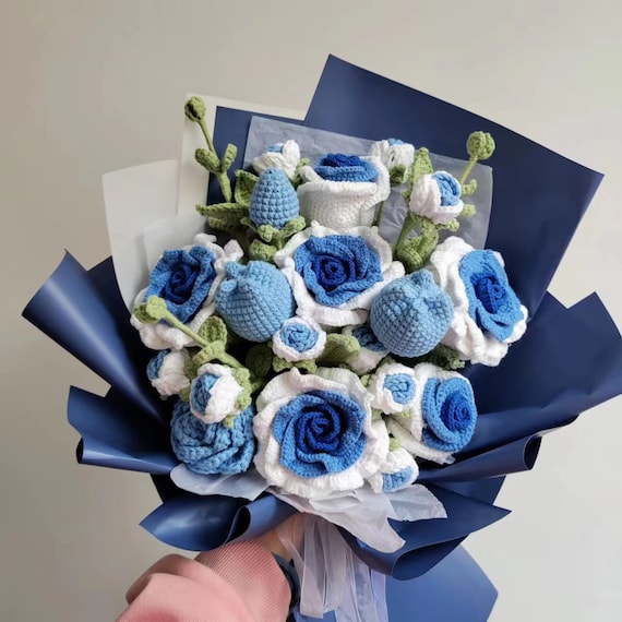 Wollstrick Blaue Rose Blume,Hand gestrickte Blumen,Alentiner Tag