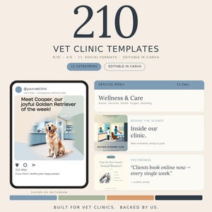 May include: A digital kit containing 210 editable Canva templates for veterinary clinics, featuring social media post layouts, service menus, and testimonial designs. The display includes text examples like Meet Cooper, our joyful Golden Retriever of the week, and Inside our clinic, with a color palette of blue, green, tan, and dark gray.