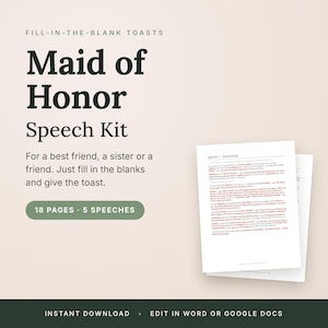 Op de afbeelding: Een Maid of Honor speechkit met invulbare sjablonen. De tekst luidt: Fill-in-the-blank Toasts, Maid of Honor Speech Kit, For a best friend, a sister or a friend. Just fill in the blanks and give the toast. 18 Pages, 5 Speeches.
