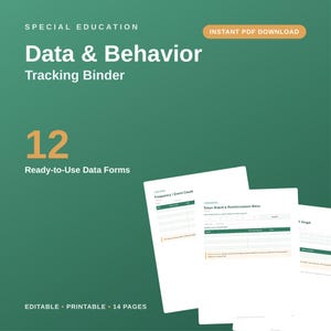 Könnte beinhalten: Ein digitales Dokument mit dem Titel Special Education Data & Behavior Tracking Binder mit 12 gebrauchsfertigen Datenformularen. Der grüne Hintergrund zeigt weißen Text und einen orangefarbenen Button mit der Aufschrift Instant PDF Download.