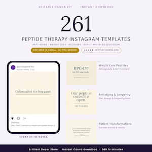 Peptide Therapy Instagram Templates | 261 Social Media Templates | Longevity & Med Spa Canva Bundle