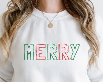 MERRY Crewneck Christmas Sweatshirt, Merry Sweatshirt, Christmas Pullover, Women's Holiday Sweatshirt