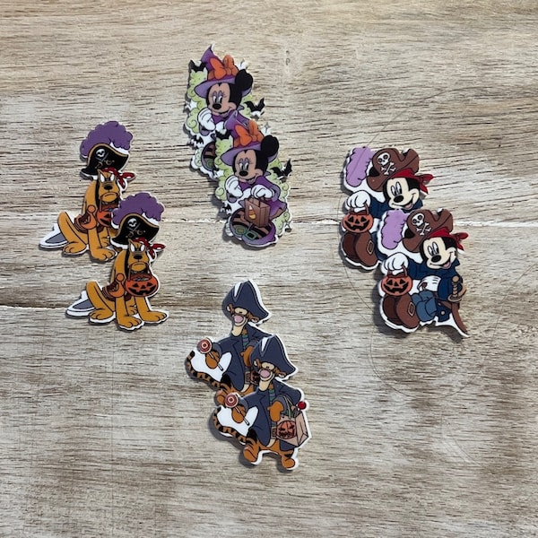 Mickey and Minnie Mouse Halloween Flat Back Planar Resin | Witch and Pirate | Hair Bow Center, Key Ring, Scrapbook Embellishment