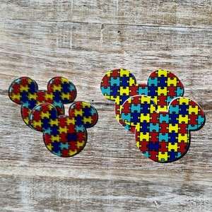 Concienciación sobre el autismo Resina plana con reverso plano / Pieza de rompecabezas, Icono de Mickey / GLITTER / Centro de lazo para el cabello, Llavero, Adorno para álbum de recortes