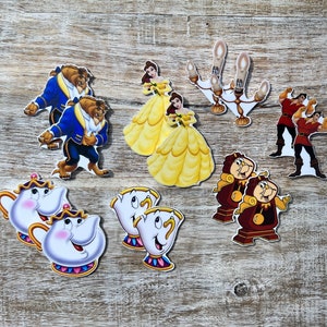 La Bella y la Bestia Resina plana con reverso plano / Belle, Gaston, Chip, Mrs. Potts, Lumiere / Hair Bow Center, Llavero, Adorno para álbum de recortes