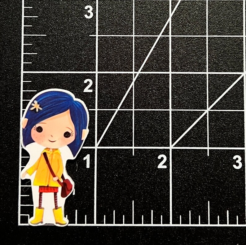 May include: A cartoon illustration of a girl with blue hair wearing a yellow raincoat, red skirt, and brown boots. She is holding a brown bag and has a flower in her hair.