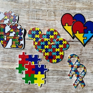 Autisme bewustzijn platte achterkant vlakke hars | Puzzelstukje, Mickey-pictogram, lint, hart | Haarboogcentrum, sleutelhanger, plakboekversiering