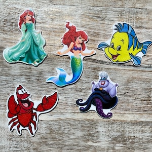 Ensemble complet de résine planaire à dos plat Little Mermaid | Ariel, Flet, Ursule, Sébastien | Centre d'arc de cheveux, embellissement d'album