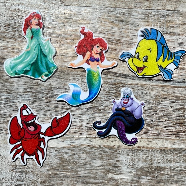 Complete Set of Little Mermaid Flat Back Planar Resin | Ariel, Flounder, Ursula, Sebastian | Hair Bow Center, Scrapbook Embellishment