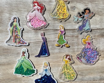 Disney Princess Acrylic Shakers | Cinderella, Belle, Jasmine, Aurora, Tiana, Snow White | Hair Bow Center, Key Ring, Scrapbook Embellishment