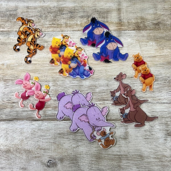 Winnie the Pooh Flat Back Planar Resin | GLITTER | Piglet, Tigger, Eeyore | Hair Bow Center, Key Ring, Scrapbook Embellishment