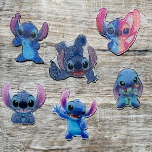 Complete set van Lilo and Stitch vlakke achterkant hars | Engel, scharrel | GLITTER | Haarelastiekje, sleutelhanger, plakboekversiering