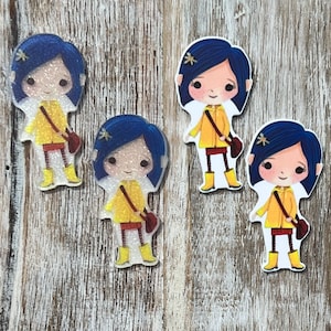 May include: Four colourful cartoon character stickers featuring a girl with blue hair wearing a yellow raincoat and holding a brown bag. The stickers are printed on a white background.