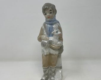 SANGO Figure of a Boy With a Lamb, Vintage Spanish Figurine, Old Stuff for Collectors, Made in Spain, Lladro Style Figurines