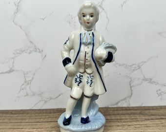 Vintage Porcelain Colonial Man Figurine, Blue and White Floral Decor