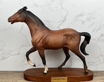 Beswick “Spirit of Fire” Bisque Porcelain Horse Figurine on Wooden Plinth, Matt Brown Horse, Made in England