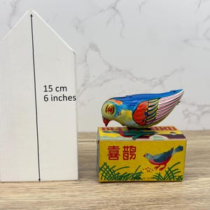 Vintage Metal Mechanical Wind-up Tin Toy Hopping Blue Bird in Original Box, Clockwork Tinplate Collectible Gift Ideas, Key Is Missing